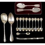 Silver golfing spoons, various ages, two brighcut London silver serving spoons, foliate and fern