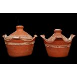 James Arnold Martin, two terracotta studio pottery tureens and covers with sgraffito decoration.