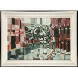 James Arnold Martin, acrylic and oil on board, geometric abstract 'Venice?'. Framed. 50 x 76cm.