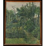 James Arnold Martin, oil on board, 'A Back Garden, Brockley'. Framed. 90 x 77cm.