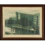 James Arnold Martin, a lithograph 'Iron Bridge, Canal and Granary'. Framed. 37 x 53cm.
