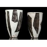 James Arnold Martin, two studio pottery vases with modern black on white slip glaze. The largest