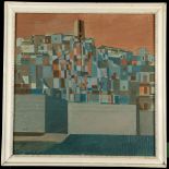 James Arnold Martin, acrylic on panel. Architectural study with terracotta sky. Framed. 48 x 48cm.