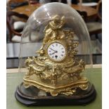 A Victorian gilt spelter figural mantle clock under glass dome, drawn movement, surmounted by