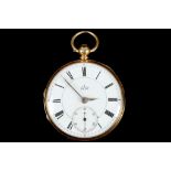 A 19th century, English 18ct gold cased open faced pocket watch, with porcelain dial, Roman