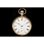An early 20th century, 14k gold cased open faced pocket watch, with white enamel dial, Roman