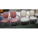 Four French salon chairs, late 19th century, chateau grey painted, ribbon twist carving to padded