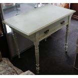 A Victorian table, single drawer, turned legs, ceramic castors, painted duck egg blue, 92cm wide and