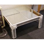 A pair of white painted modern square coffee tables, with mirror tops, 93cm wide.