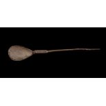 A ROMAN SILVER SPOON Circa 4th Century A.D. With pear-shaped bowl and tapering straight handle, 15.