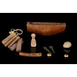 A GROUP OF MISCELLANEOUS TRIBAL ART ITEMS Including a pair of Pre-Columbian or Ancient Egyptian gold