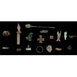 A GROUP OF ANCIENT BRONZE ITEMS Late Period to Islamic Period Including an Egyptian Osiris amulet,