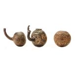 THREE CARVED YERBA MATE GOURDS, ARGENTINA OR BRAZIL Finely carved with geometric and floral