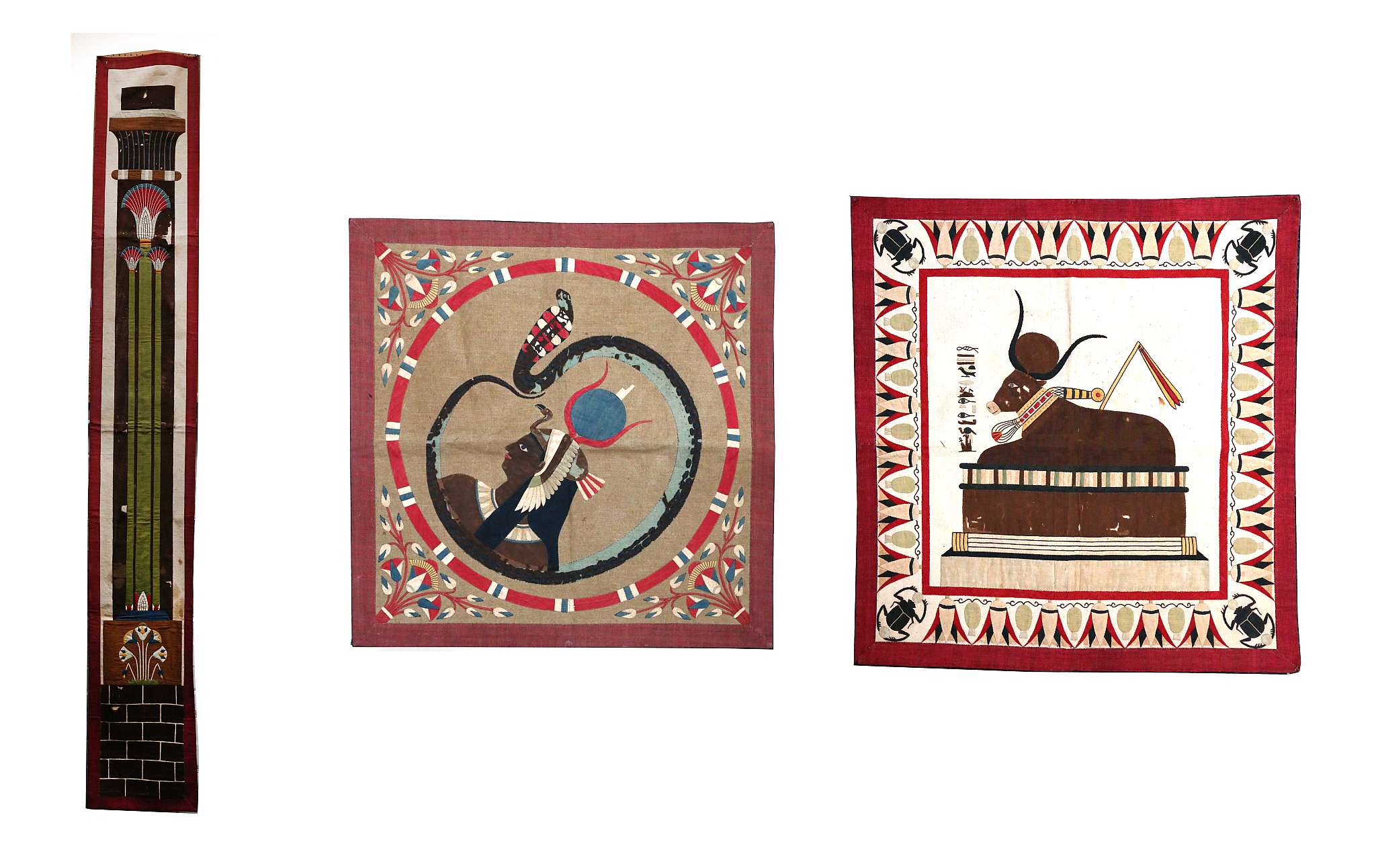 THREE NUBIAN HANGING EGYPTIAN-STYLE SCENES 57cm x 57cm; 242cm x 35cm; 65cm x 65cm (3)