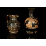 TWO GREEK TERRACOTTA VESSELS Circa 4th Century B.C. Including a red-figure lekythos decorated with a