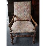 A French 19th century fautille, scroll arms, turned stretcher, contemporary rainbow upholstery.