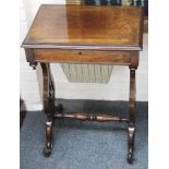 A Victorian rosewood work table, with rectangular rising top on twin end stretchered supports, 60