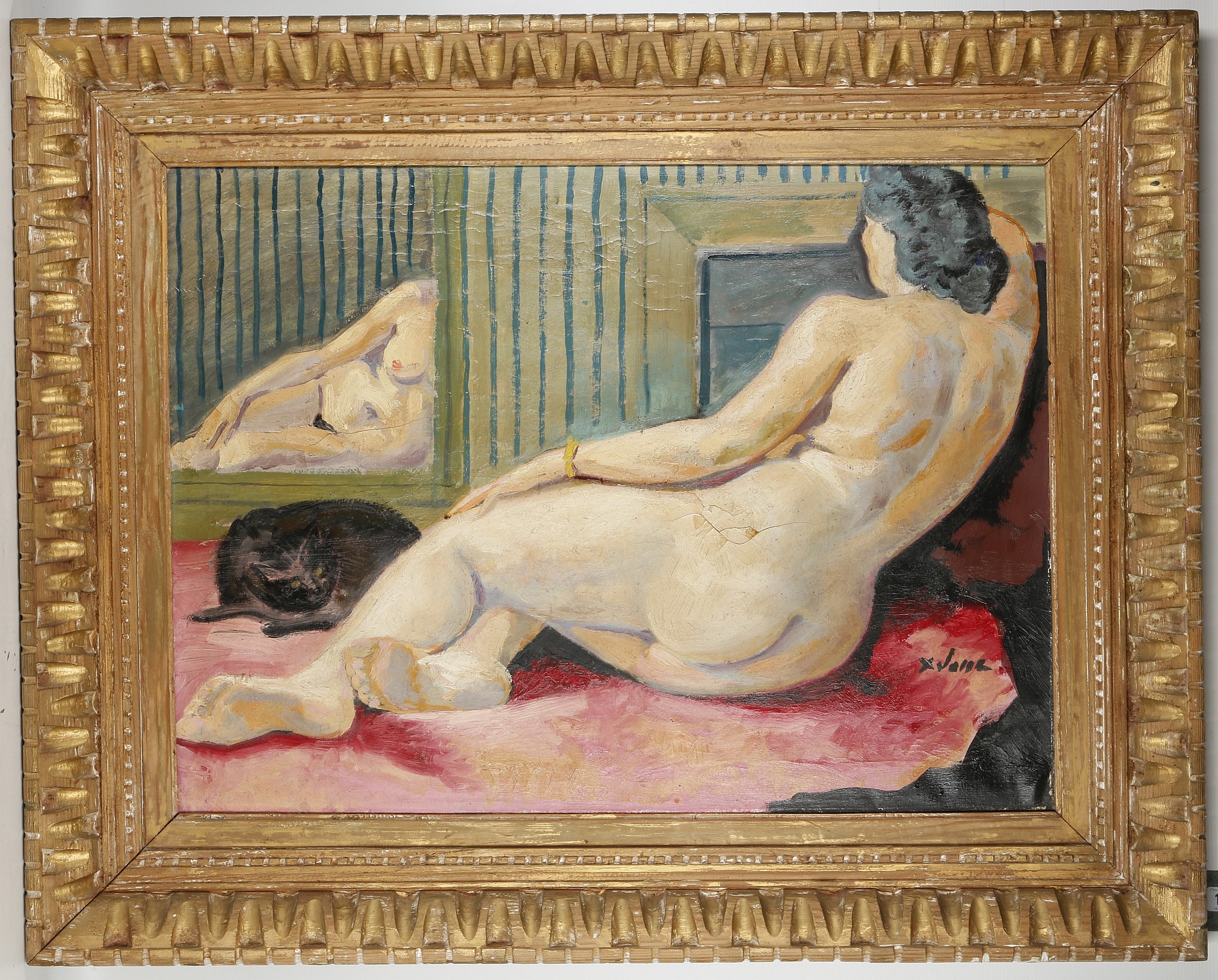 X Jane??, continental school, mid 20th century, study of a female nude, reflection and cat, oil on