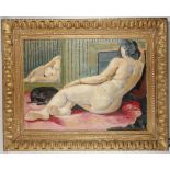 X Jane??, continental school, mid 20th century, study of a female nude, reflection and cat, oil on