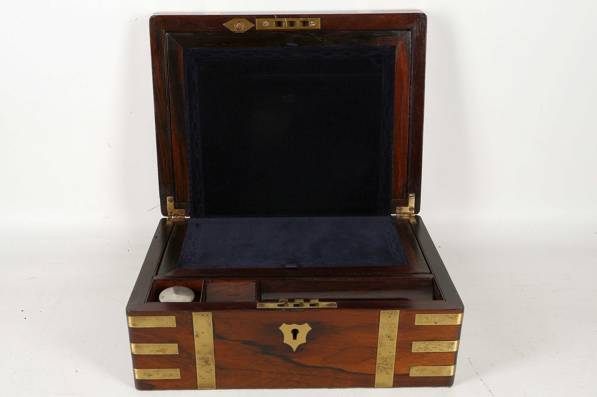 A late 19th century writing slope of military style, mahogany with brass banding, brush velvet rest, - Image 2 of 3