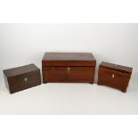 A 19th century tea caddy, mahogany, lion mask brass handles, later mixer bowl, 35cm wide, another in