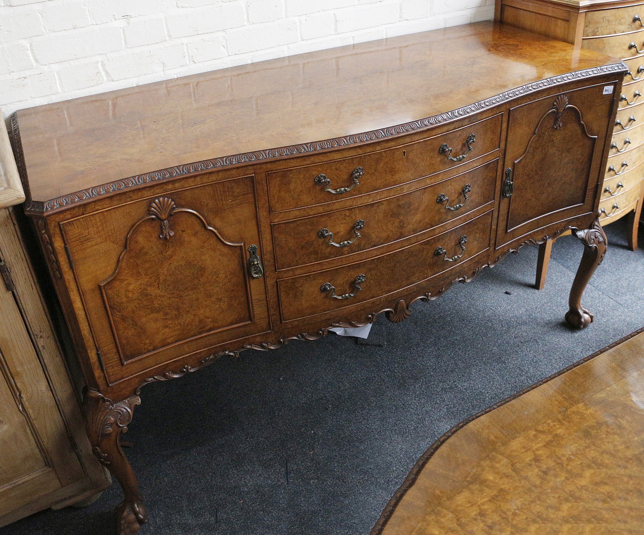 A burr walnut dining suite c.1950, comprising a table with leaf trim, acanthus carving to legs, ball - Image 2 of 2