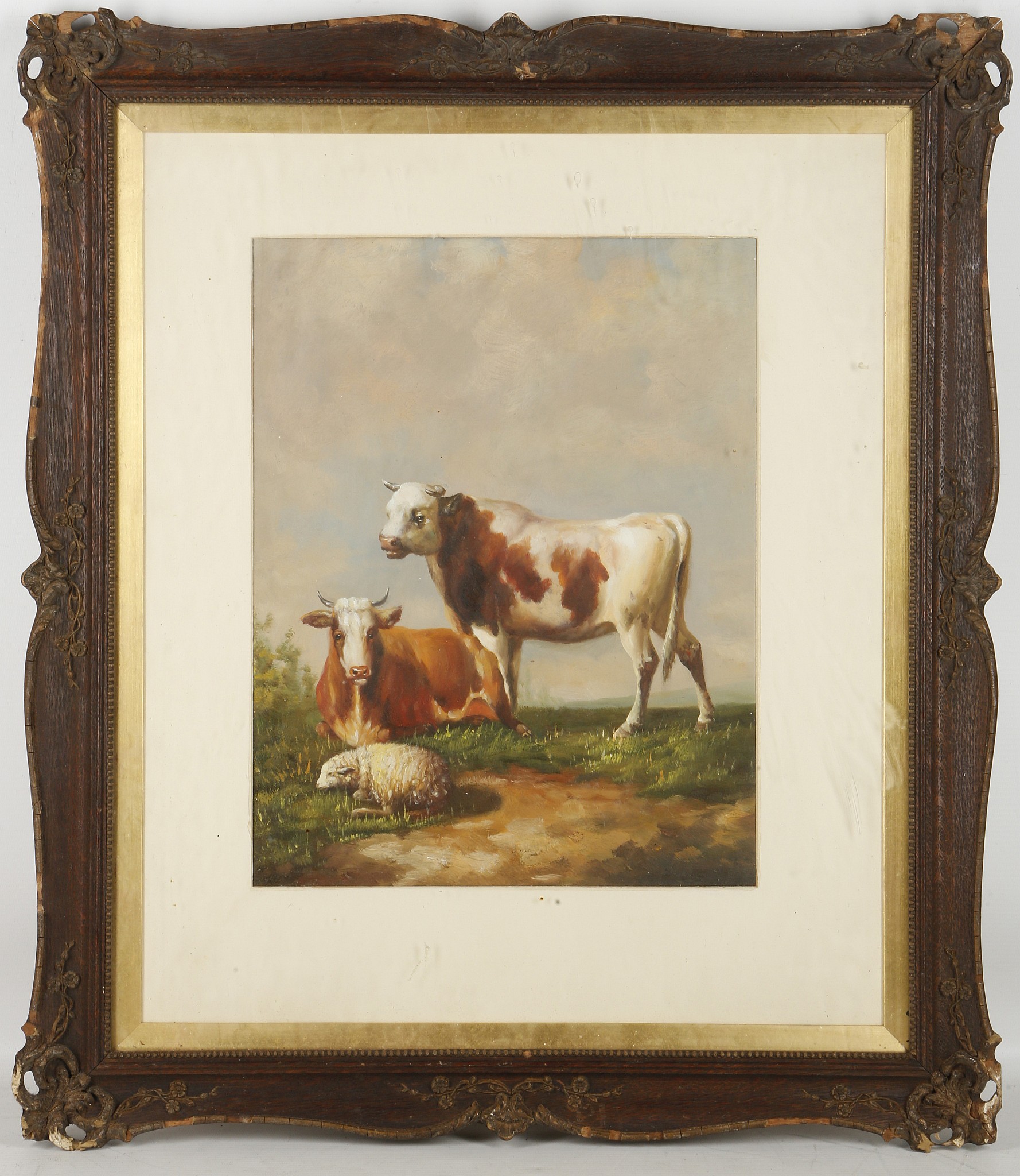 A framed oil painting study of livestock animals in a pastoral landscape, 36 x 28cm.