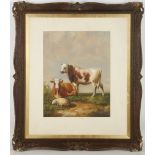 A framed oil painting study of livestock animals in a pastoral landscape, 36 x 28cm.