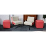 A PAIR OF MODERN SWIVEL LOUNGE CHAIRS AND FOOTSTOOL, designed and manufactured by HB Furniture, with