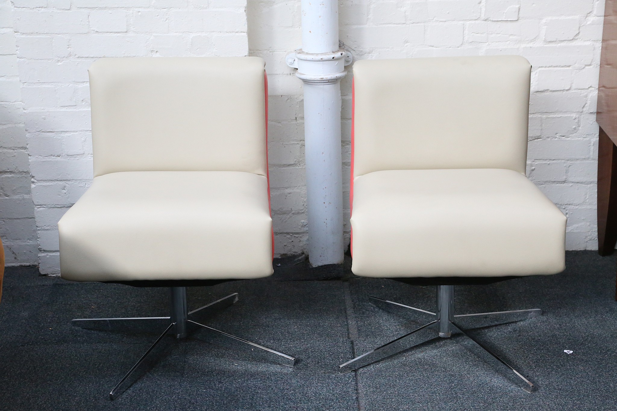 A PAIR OF MODERN SWIVEL LOUNGE CHAIRS AND FOOTSTOOL, designed and manufactured by HB Furniture, with - Image 4 of 4