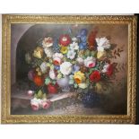 An unsigned, contemporary, floral still life, flowers in vase, oil on canvas, 90 x 120cm.