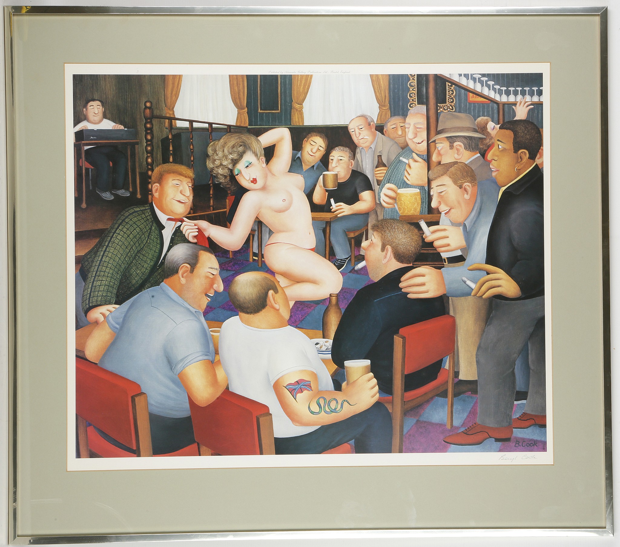 Beryl Cook, British, 1926-2008, 'Lunchtime Refreshment' (1988), study of a stripper in a working