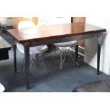 A Modern industrial style dining table with thick stained pine top, on steel base (137 x 69 x 75cm