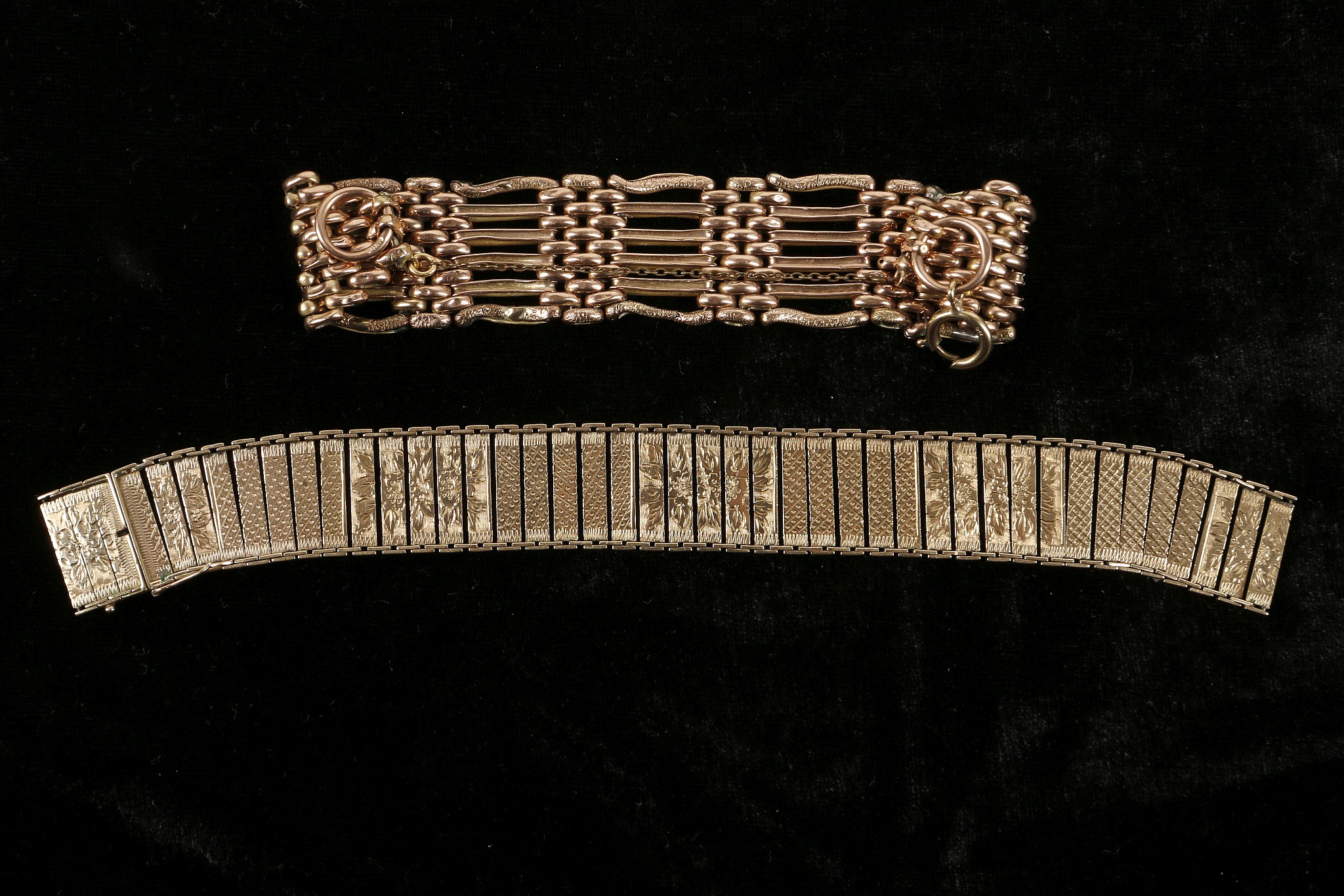 A Victorian 9ct rose gold, six bar gate link bracelet, sold together with a 9ct gold articulated - Image 2 of 2