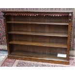 A Victorian simulated burr walnut open dwarf bookcase, on plinth base, 137 x 29cm.