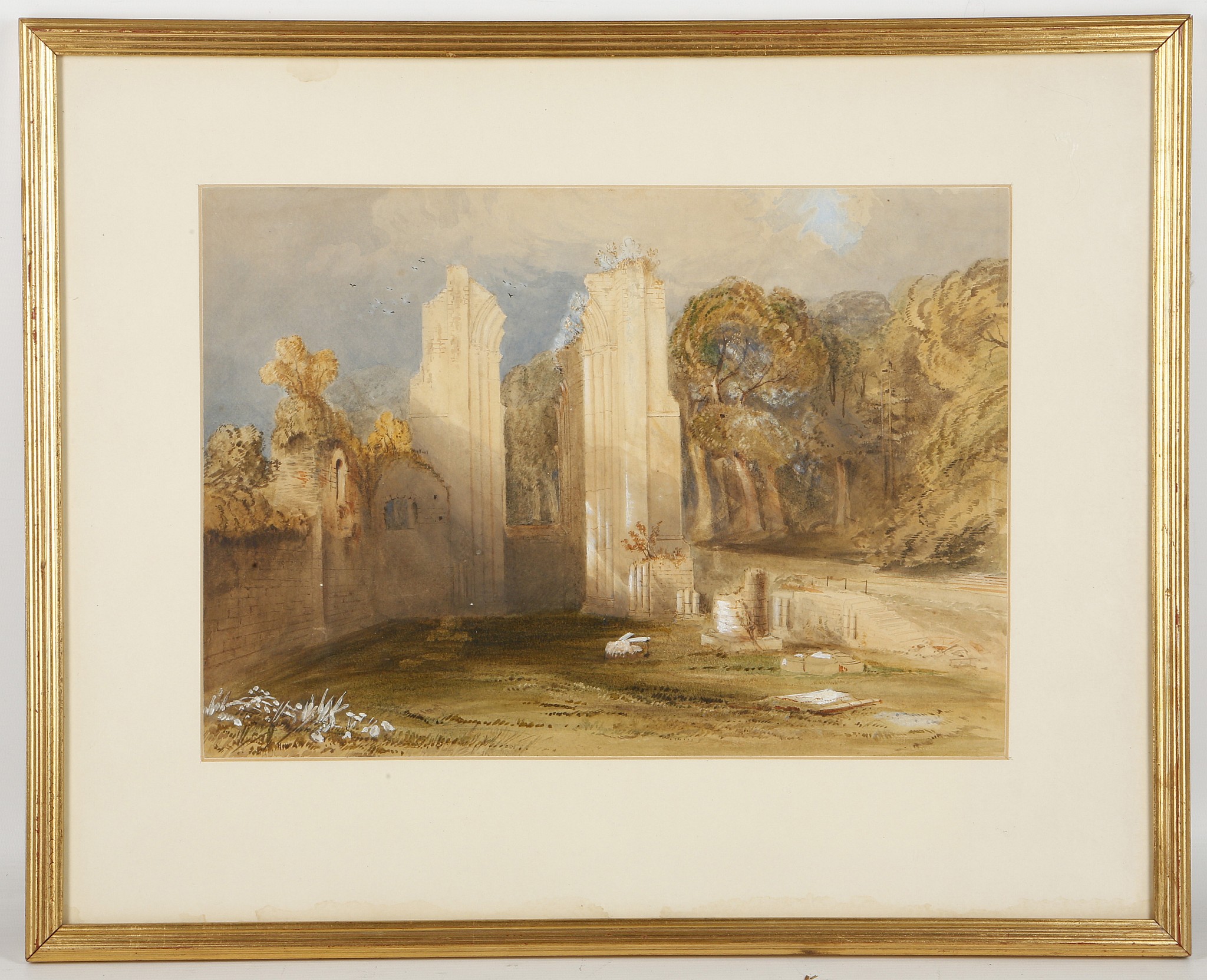 A British school watercolour of Abbey ruins, 26 x 36.6cm. Mounted, glazed and framed. Unsigned.