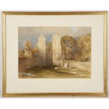 A British school watercolour of Abbey ruins, 26 x 36.6cm. Mounted, glazed and framed. Unsigned.