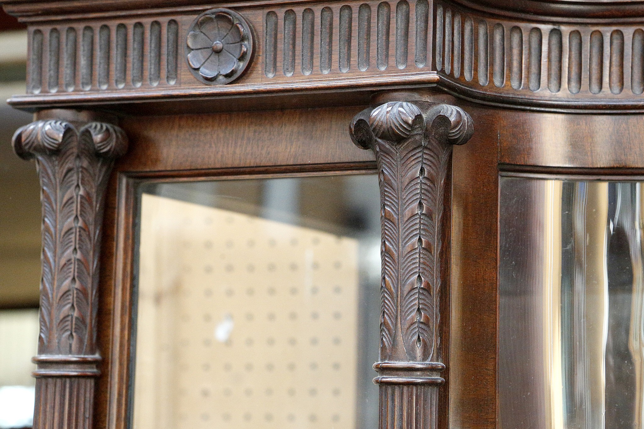 An Adam's style, early 20th century, 'D' shape display cabinet, tab carved trim over reeded band - Image 3 of 4