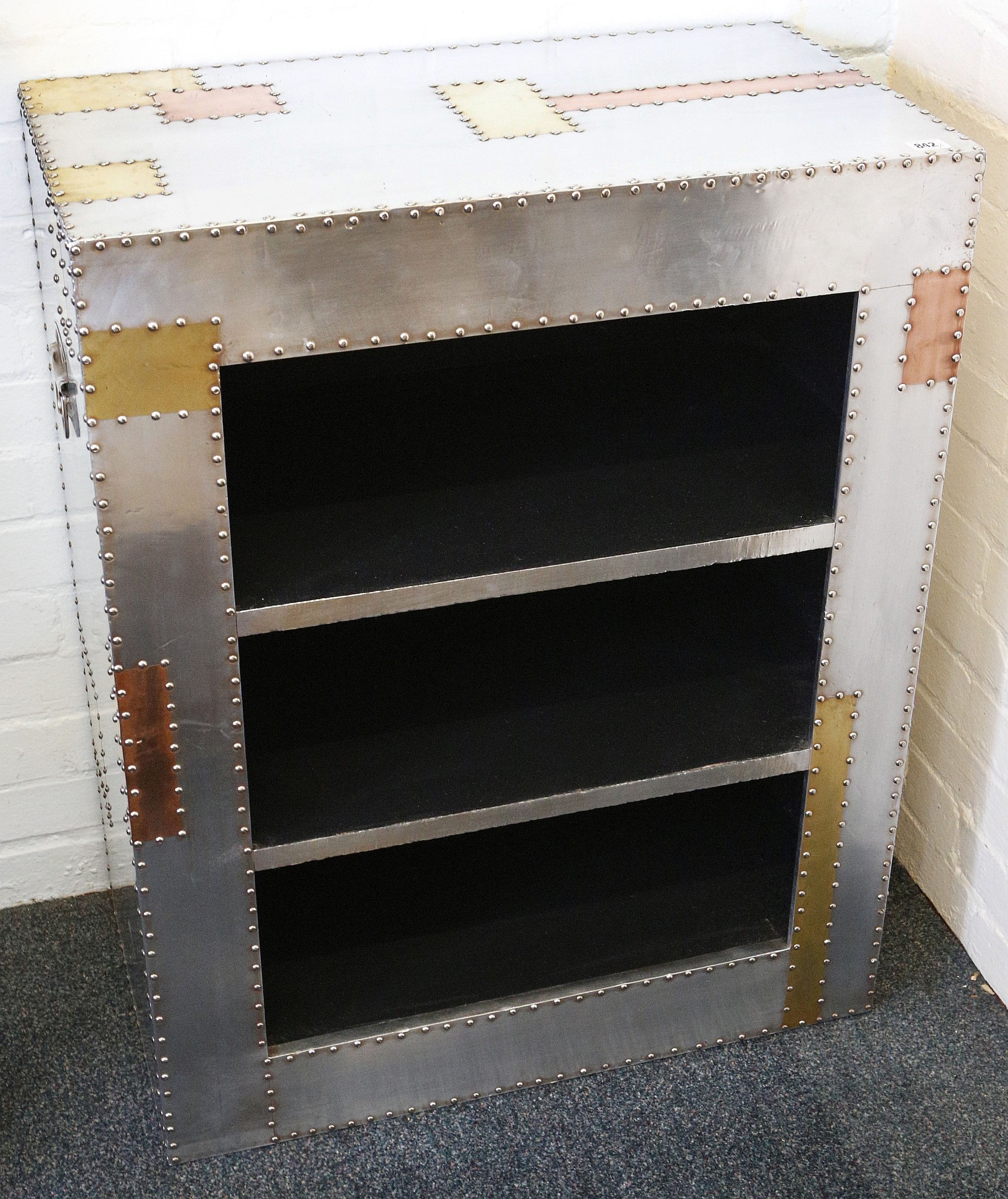 A pair of modern, contemporary aluminium and copper patch clad bookcases with three shelves, 72 x 41