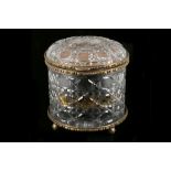 Two hobnail cut crystal humidors, circular, cigar segments, brass trim and ball feet,each approx.