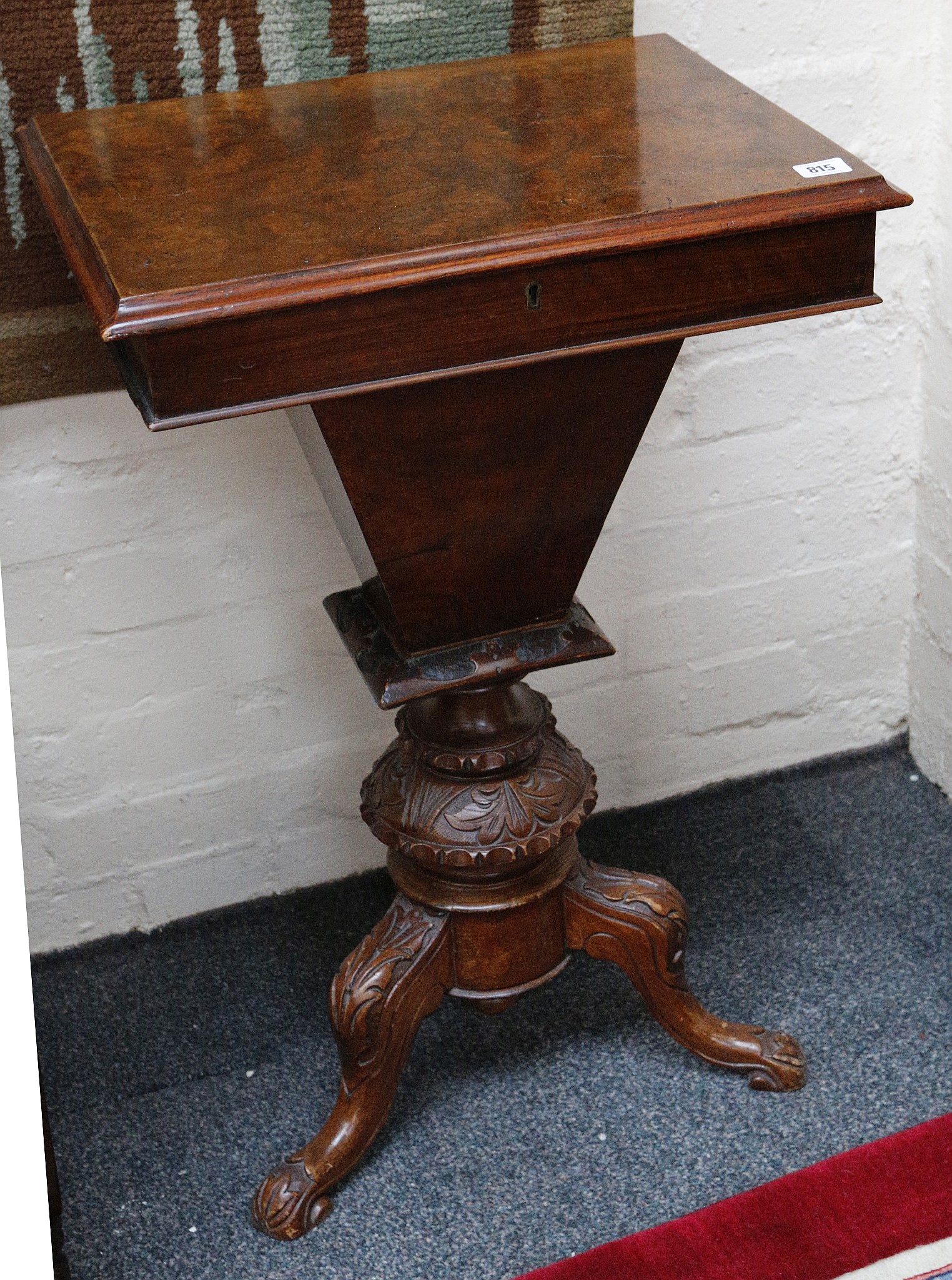 A Victorian and burr walnut veneered work table, raised on carved cabriole legs, 49 x 37cm.