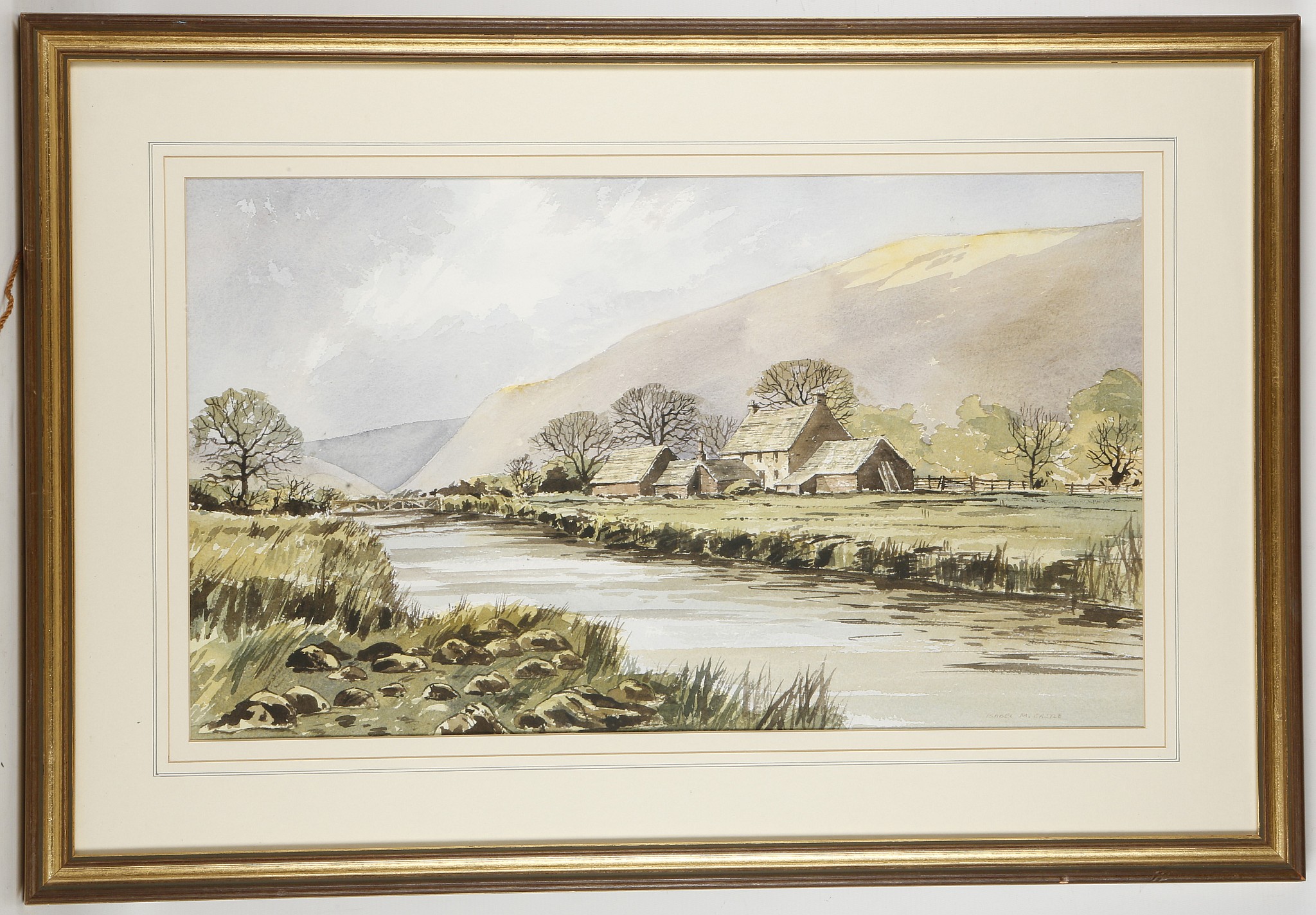 Isabel M. Castle, British, 1900 - ?, study of a riverside farmstead in a valley, signed, 35.5 x