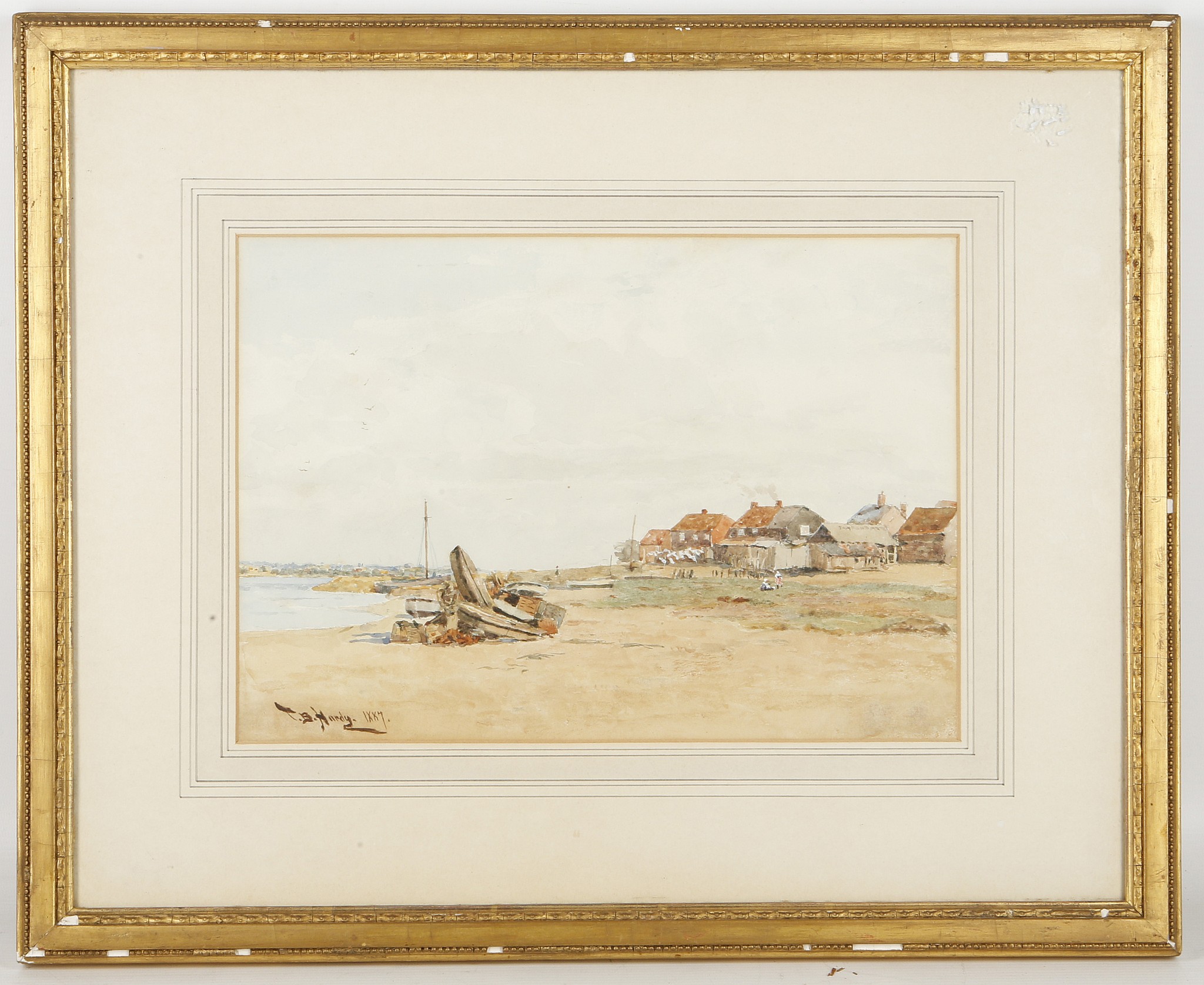 Thomas Bush Hardy 1887. Watercolour of a foreshore with boats. Picture size 23.5 x 33cm. Mounted,