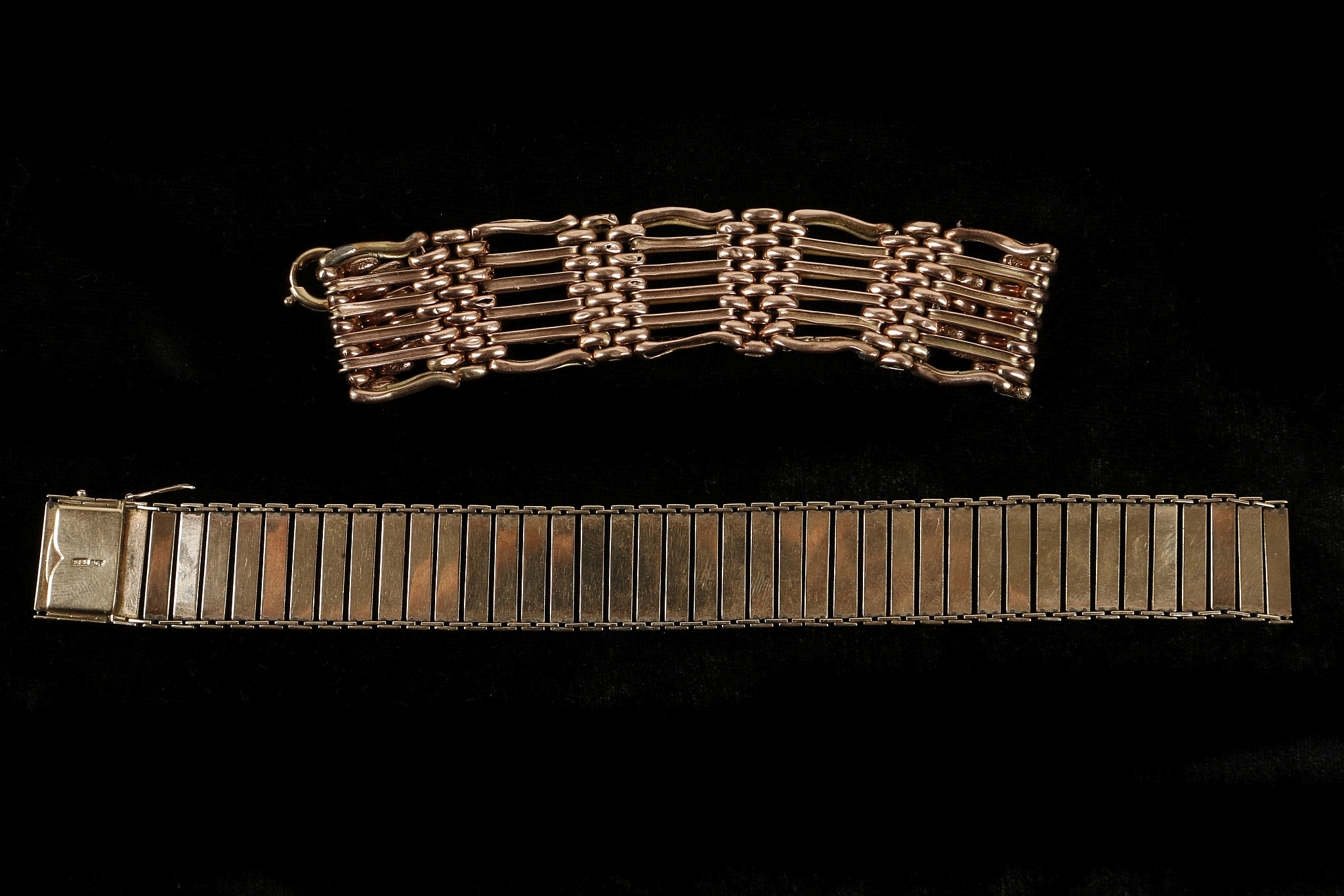 A Victorian 9ct rose gold, six bar gate link bracelet, sold together with a 9ct gold articulated