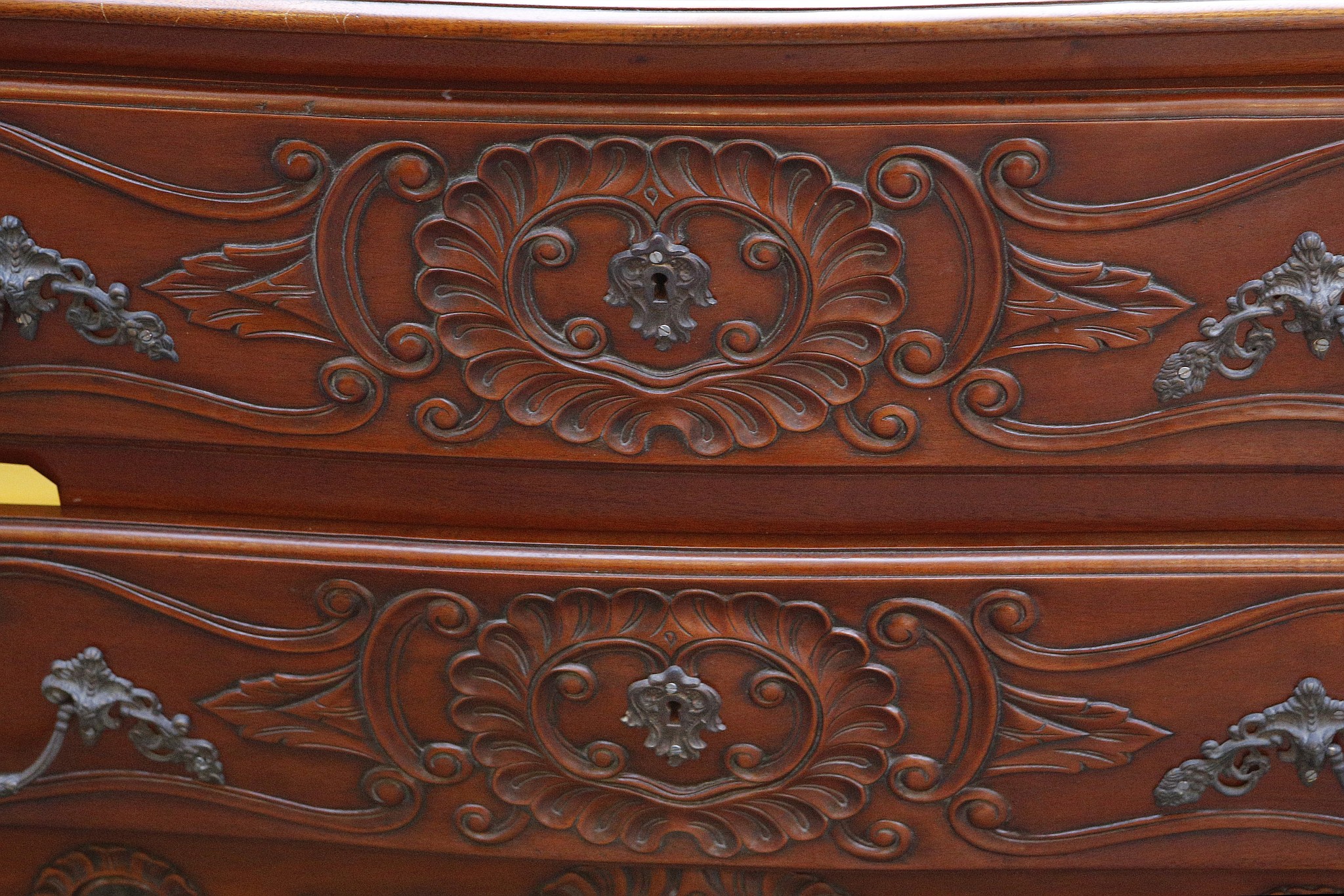 An early 20th century, rococo style serpentine front sideboard, having parquetry top and 2 carved - Image 2 of 3