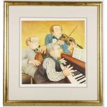Beryl Cook, British, 1926-2008, 'Musicians' (1995), study of a musical trio of piano, cello and