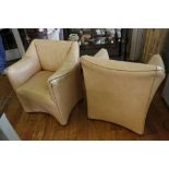 A pair of French leather contemporary box tub chairs, c.1980.