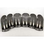 A set of 6 American pewter wall lights, each modelled with twin candle lights, the pewter back