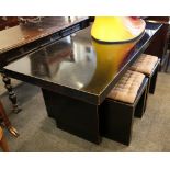 An oriental black lacquer table, 17cm long, with boxwood trim and edges, with set of 4 box side