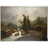 School of Franz Richard Unterberger 1837-1902, Austrian, landscape over rocky river with faggot